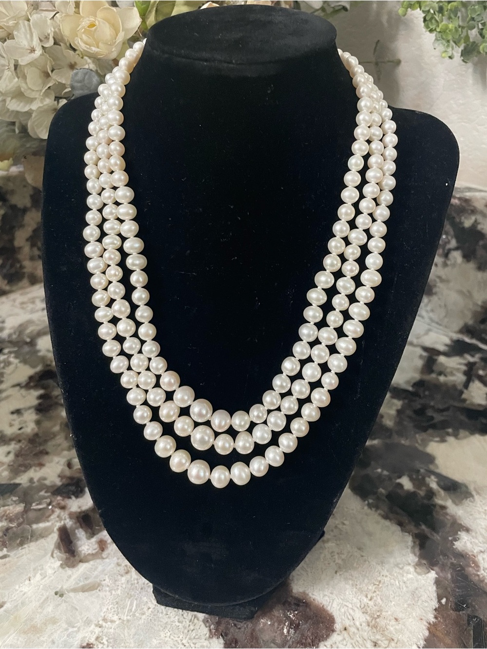 Macys Belle de Mer Graduated Triple Strand White Pearl Necklace w/Sterling Clasp